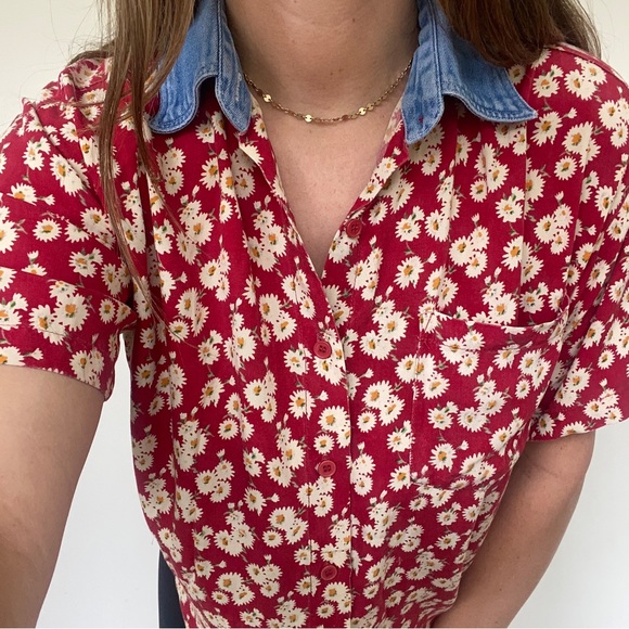 Vintage 90s Button Up Floral With Denim Collar Details Sportswear Size Small - Picture 2 of 5